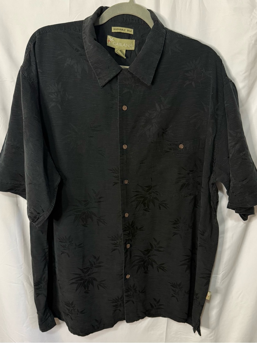 Cabana Black Silk Short-Sleeve Button-Down with Tonal Botanical Pattern